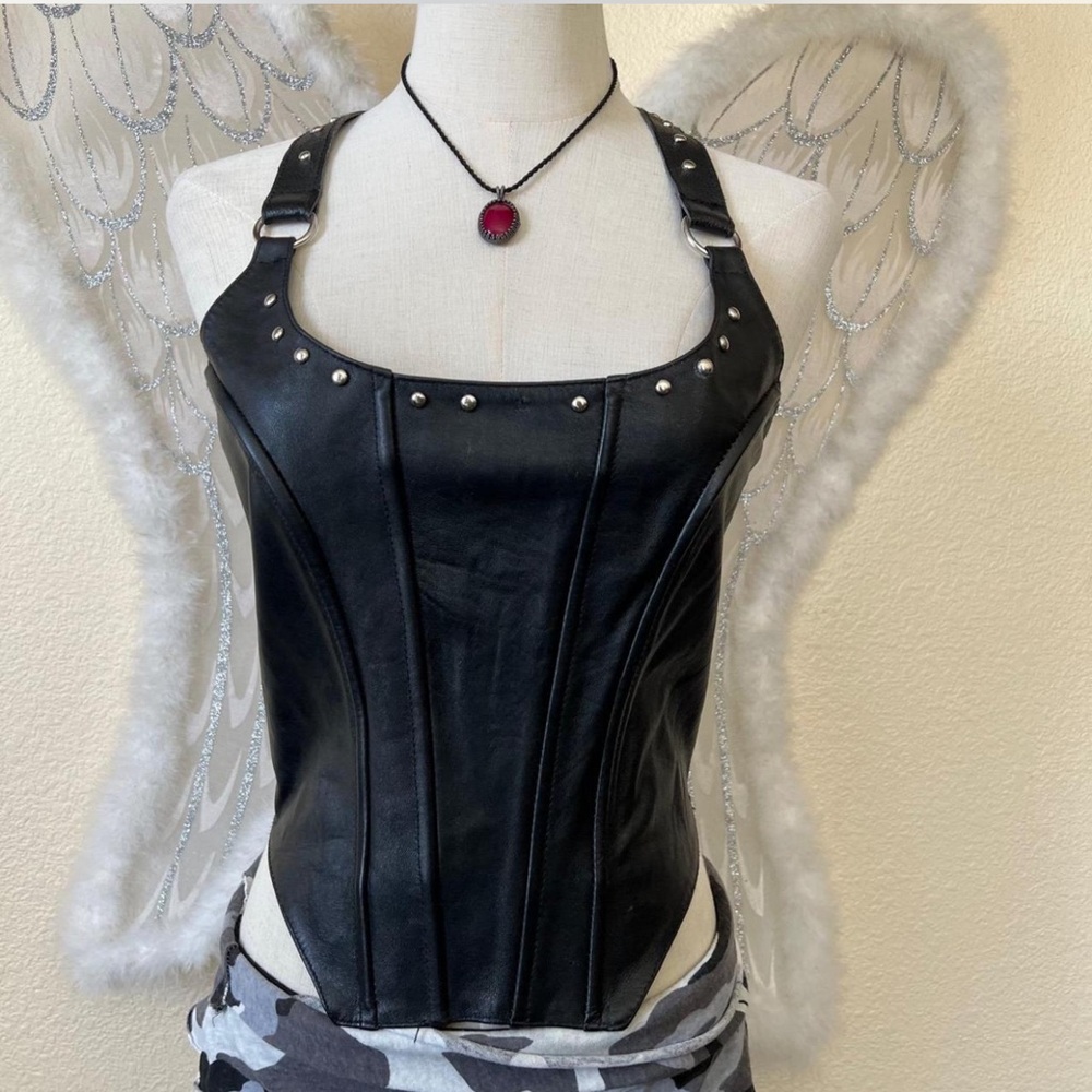 Vintage Leather Black Corset with Studded Detail